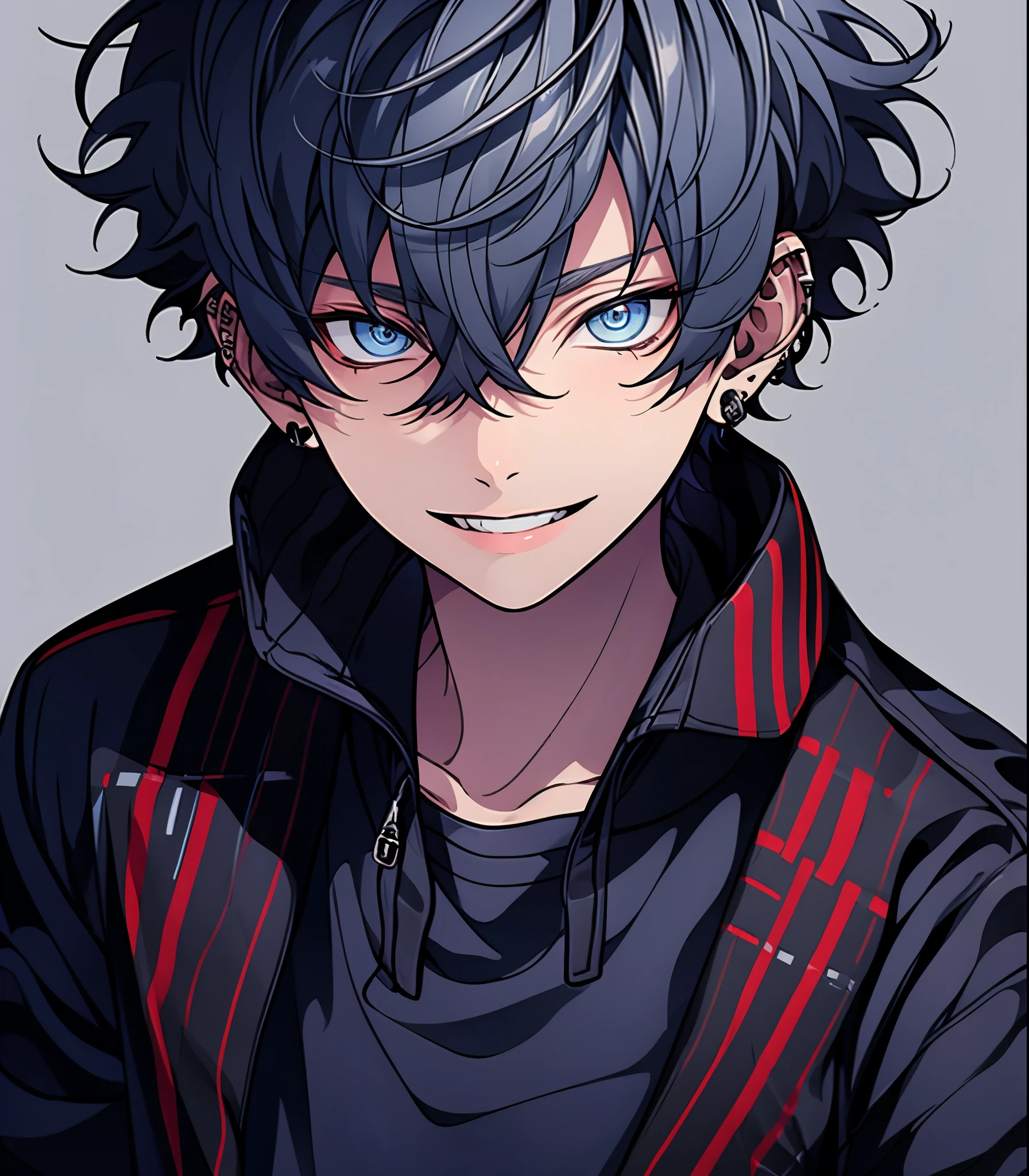 ((Highest quality)), ((masterpiece)), ((detailed)), １people,Beautiful youth, Blue Hair, short hair, blue eyes, Cool eyes, Long-term , Biceps,Black clothes,smile,Upper Body,No text