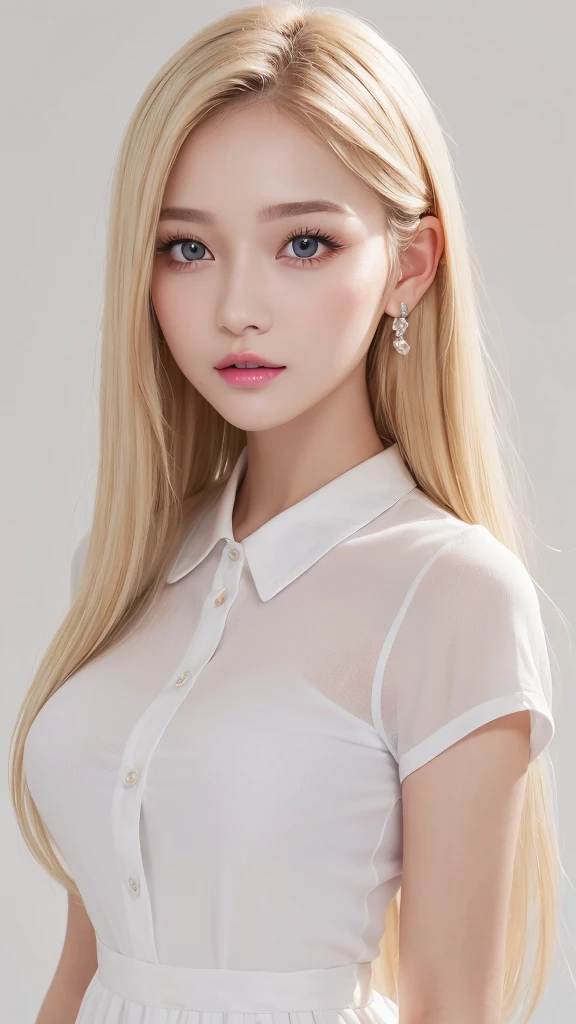 (((White background、rim light、lighting forward、shoot from above、uniform、high school girl、mini skirt、Dress shirt、blouse、forehead、White Blonde、Blonde、White Background、whole body、Up to the waist)))、Northern Europe、Russia、beautiful girl、Platinum Blonde Hair、Straight Long Hair、Big Blue Eyes、Northern Europeの若者、Glowing Skin、Young and beautiful skin、A perfect and beautiful little face、Bright makeup、Pale pink lips、Bright expression、lipstick、Intricate details、High resolution、 Detailed features of face design、Big Breasts、face-friendly lighting