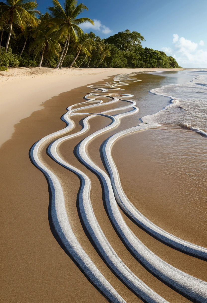 Deserted Beach, Dynamic energy flow style、Realistic Anamorphic Art, I can't believe how beautiful it is, Precise lines, Sparkling, Afro-Caribbean Influences - AR 9:16