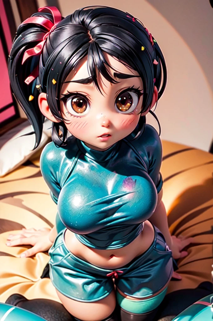 (1 girl), (Masterpiece, ultra-high quality, perfect anatomy, perfect body, perfect face, HD quality, best quality, best lighting, bedroom setting, perfect quality), (Vanellope von Schweetz) , (black hair with colored sprinkles, red ribbon, large brown eyes, pink blush on cheeks, content expression, thighhighs, blue crop top, shorts), (laying on bed, on her back), (perfect round breasts:1.6), hot female, pov from above, (breedable), blushing, embarassed