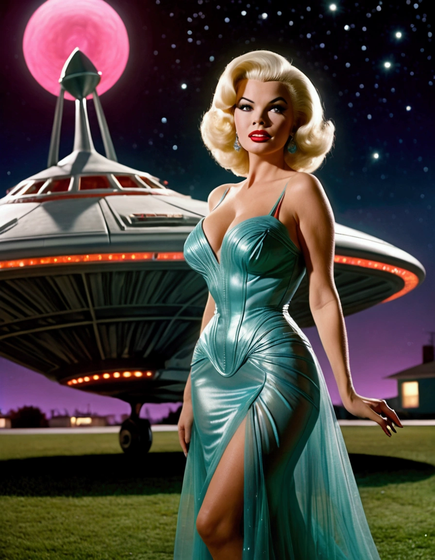Jayne Mansfield, age 25, alien sheer gown, 50s styling, odd makeup, alien princess, space ship behind her, landing gear down, seductive approach to viewer, suburb at night, highly detailed, photorealistic, masterpiece, 8k, cinematic lighting, dramatic atmosphere, vibrant colors, volumetric lighting, sharp focus, ultra-fine details