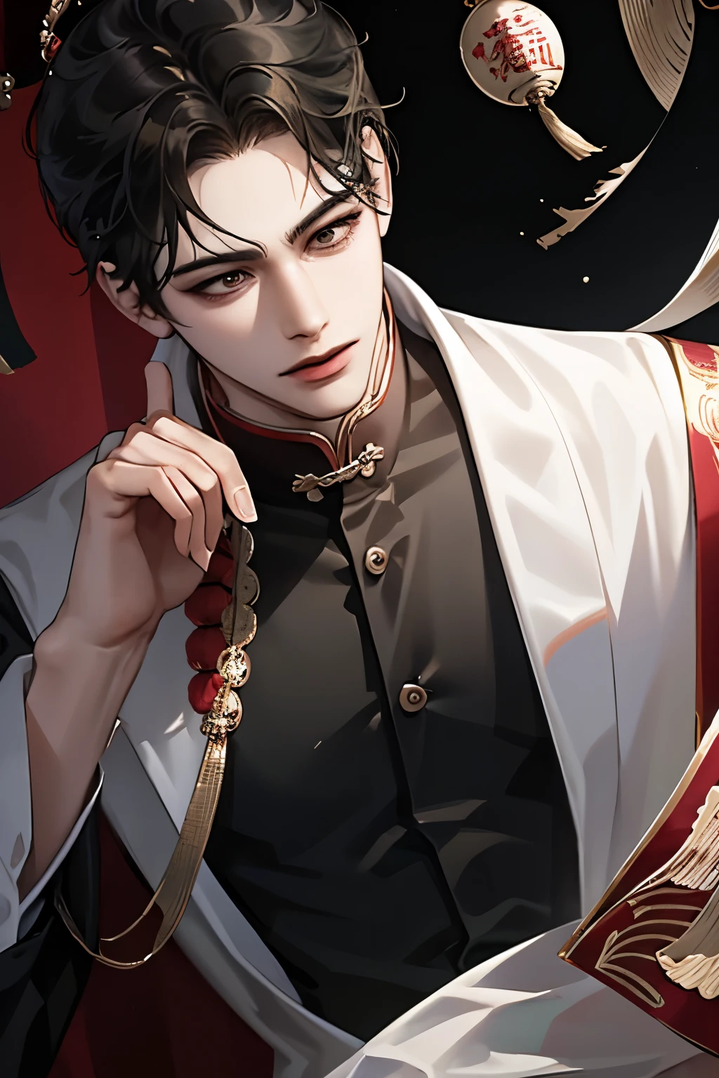 best quality,masterpiece,A black-haired man stood in front of the crowd with high spirits,Chinese official attire,Chinese bun,Chinese traditional clothing,Chinese Palace,