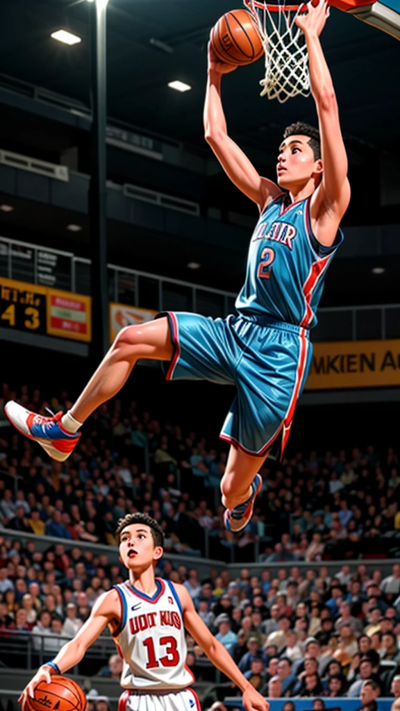 a beautiful female basketball player, performing a dunk shot, extremely detailed face and body, muscular athletic physique, focused expression, mid-air pose, basketball court background, dynamic motion blur, dramatic lighting, vibrant colors, cinematic composition, hyper realistic, award winning photograph quality