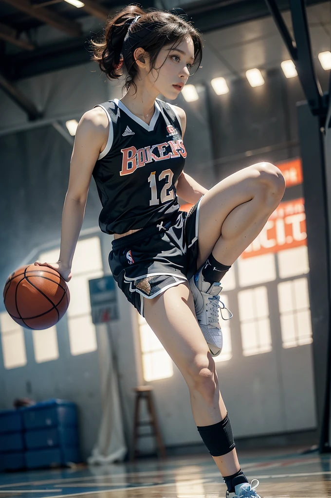 (((best quality))), (((ultra detailed))), (((masterpiece))), illustration, ((1girl,female basketball player,solo)),(slam dunk:1.3), intensity, determined expression, flushed face, perspiration, almond-shaped eyes, mesh jersey, team name and number, form-fitting shorts, athletic build, high-top basketball shoes, indoor basketball gym, well-lit, wooden floor, scoreboard, spectators, stands, action, impact, ball through the hoop, victory, achievement, dedication, skill,(basketball:1.3)