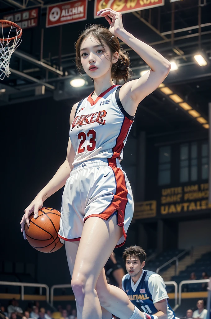 (((best quality))), (((ultra detailed))), (((masterpiece))), illustration, ((1girl,female basketball player,solo)),(slam dunk:1.3), intensity, determined expression, flushed face, perspiration, almond-shaped eyes, mesh jersey, team name and number, form-fitting shorts, athletic build, high-top basketball shoes, indoor basketball gym, well-lit, wooden floor, scoreboard, spectators, stands, action, impact, ball through the hoop, victory, achievement, dedication, skill,(basketball:1.3)