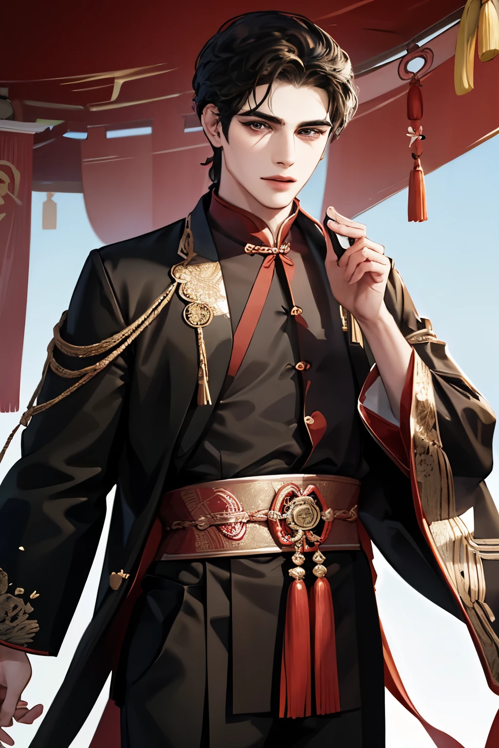 best quality,masterpiece,A black-haired man stood in front of the crowd with high spirits,Chinese official attire,Chinese bun,Chinese traditional clothing,Chinese Palace,