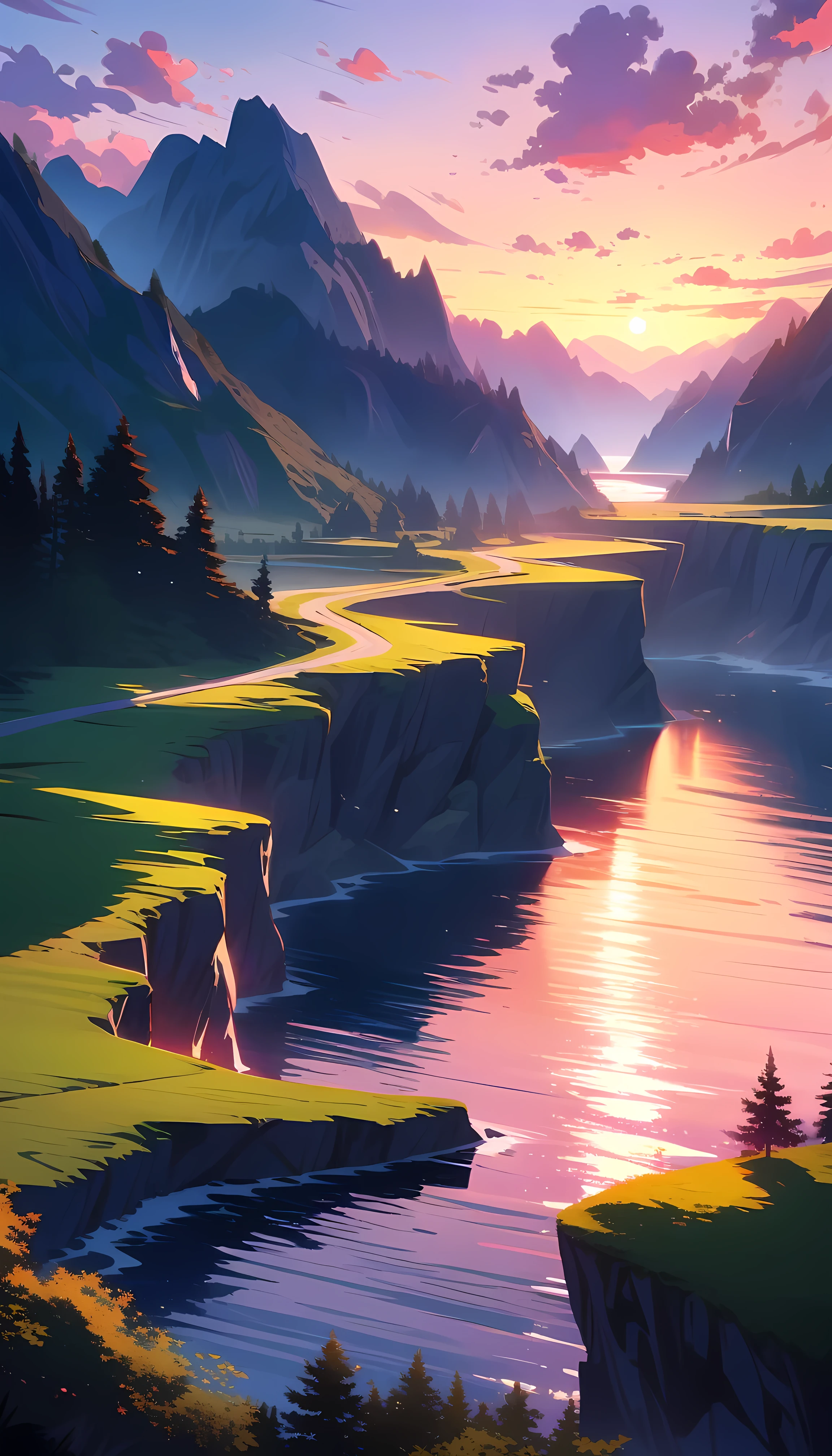 beautiful detailed eyes, beautiful detailed lips, extremely detailed eyes and face, long eyelashes, 1girl, scenic landscape, cliff, lake, forest, sunrise, beautiful sky, few clouds,vibrant colors,dramatic lighting,highly detailed,serene,tranquil,picturesque,stunning,breathtaking