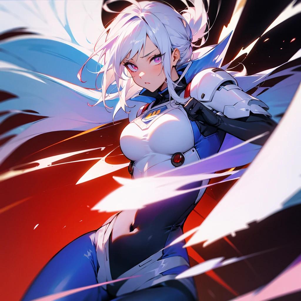 Adult sensei with striking appearance. Bright white hair with a blue streak running through it. warm tone skin. Almond-shaped eyes with a fascinating lilac shade adorned with a star-shaped pupil. On the back there are two huge brown wings.. Dress up a hero suit with the Chilean flag. anime style Boku no Hero academia 