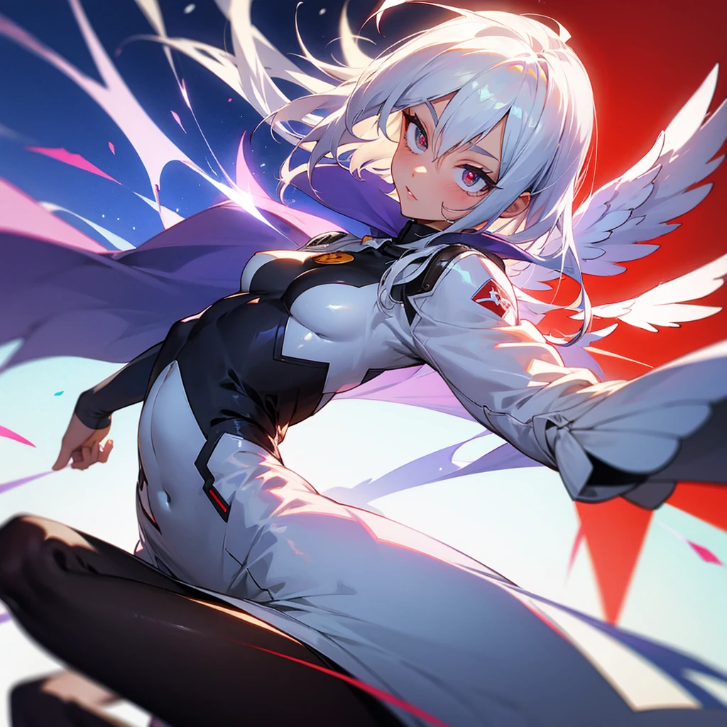 Adult sensei with striking appearance. Bright white hair with a blue streak running through it. warm tone skin. Almond-shaped eyes with a fascinating lilac shade adorned with a star-shaped pupil. On the back there are two huge brown wings.. Dress up a hero suit with the Chilean flag. anime style Boku no Hero academia
