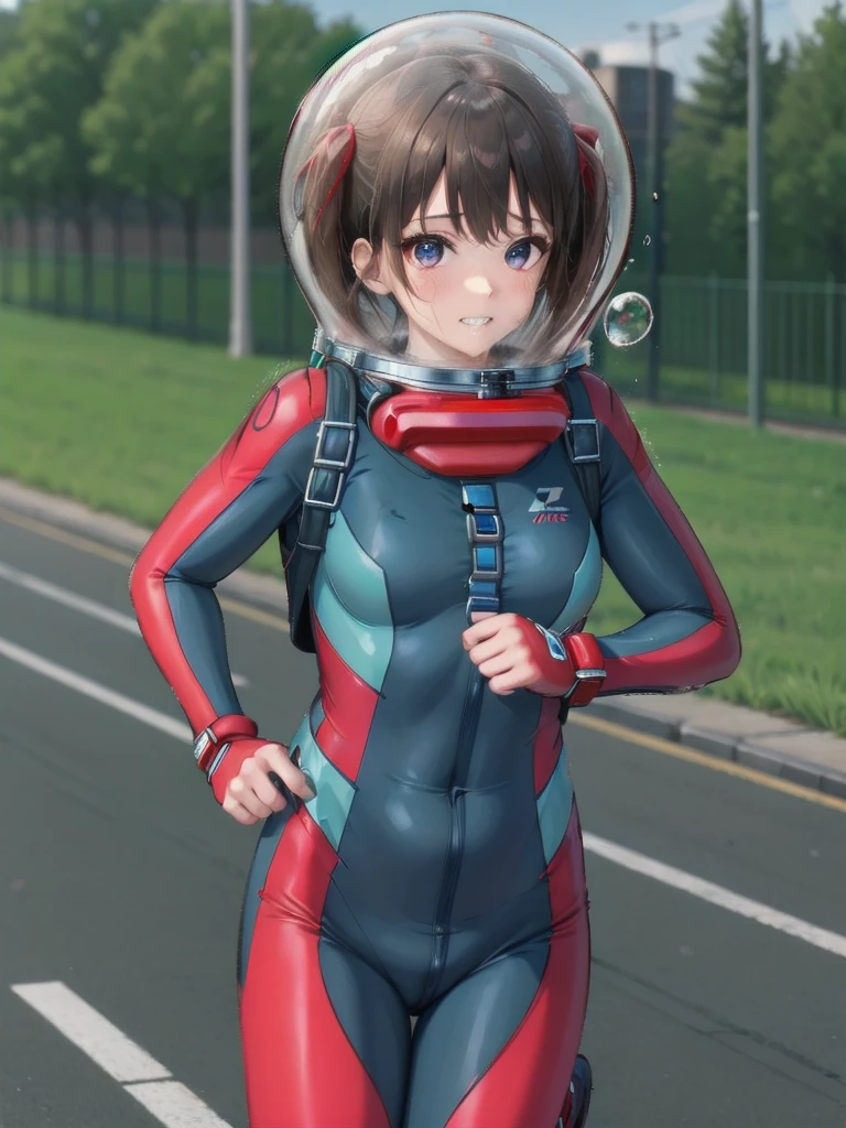 short hair, pink hair, street, emo,pink eyes, eyeliner, fortified suit, ((blue:1.5) plugsuit), short hair, (running fast:1.6),sweaty,clenched teeth,marathon event,looking ar forward,1),,asuka langley soryu, (souryuu asuka langley:1.2), short hair, bangs, blue eyes, brown hair, bodysuit, pilot suit, plugsuit, (red bodysuit:1.5, bubble helmet space helmet,twintails