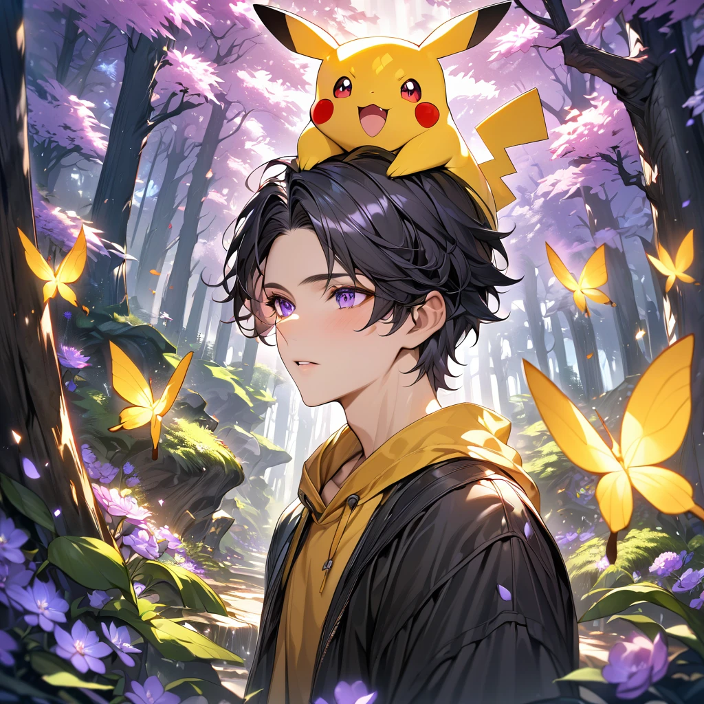 Boy with yellow tshirt with outer black,pikachu on head, forest, absurdres, highres, ultra detailed, HDR, master piece, best quality, black hair, expressive purple eyes, black clothes, magical, fantasy, shining, purple flowers, blossoms, yellow butterflies