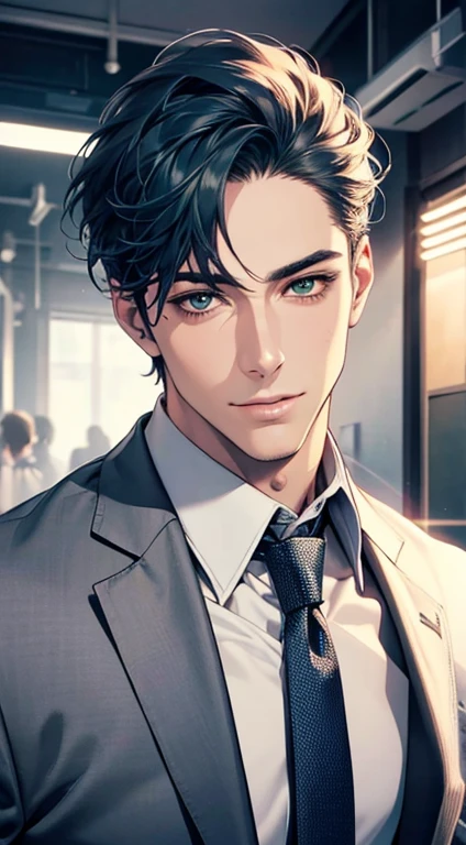(Highest quality,4K,8K,High resolution,masterpiece:1.2),Super detailed,(Realistic,photoRealistic,photo-Realistic:1.37),1 person,34 years old,Mature Men,Beautiful skin、very handsome,Expressionless smile in love,Short blue hair,green eyes,Sharp Eyes,A perfect face without a doubt,Businessman, CEO, Office Background,Cinema Lighting,HDR image,tie、