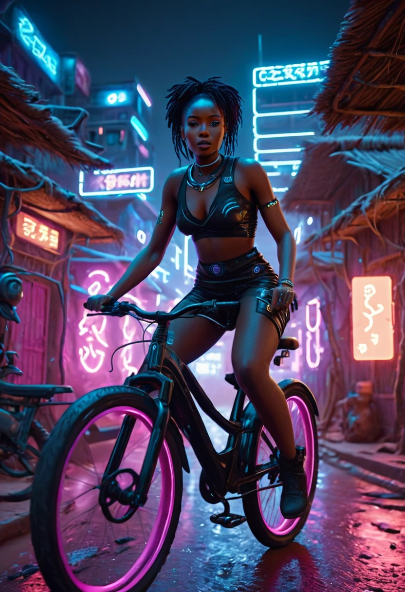 African woman riding a sci-fi bicycle at high speed in a futuristic cyberpunk African village, night time with neon lit buildings and futuristic clay huts creating a cinematic lighting, 32k, ultra HD, unreal engine rendered, highly detailed images 