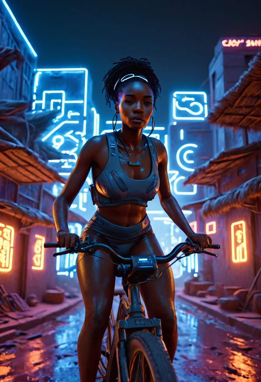 African woman riding a sci-fi bicycle at high speed in a futuristic cyberpunk African village, night time with neon lit buildings and futuristic clay huts creating a cinematic lighting, 32k, ultra HD, unreal engine rendered, highly detailed images 