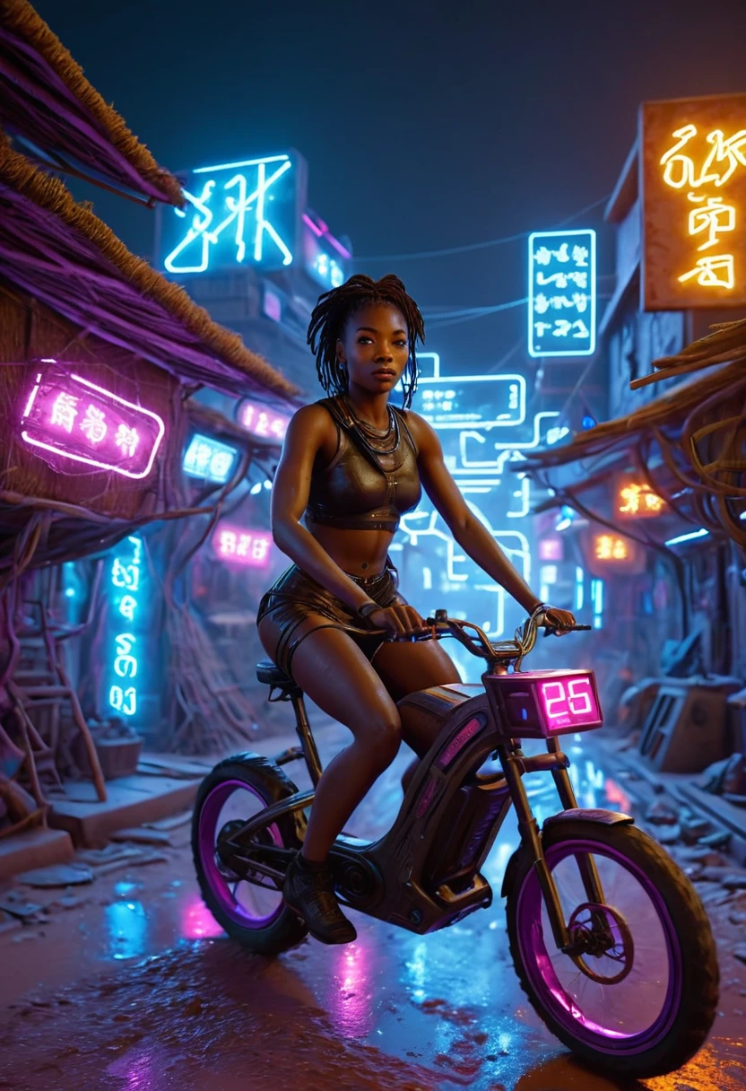 African woman riding a sci-fi bicycle at high speed in a futuristic cyberpunk African village, night time with neon lit buildings and futuristic clay huts creating a cinematic lighting, 32k, ultra HD, unreal engine rendered, highly detailed images 