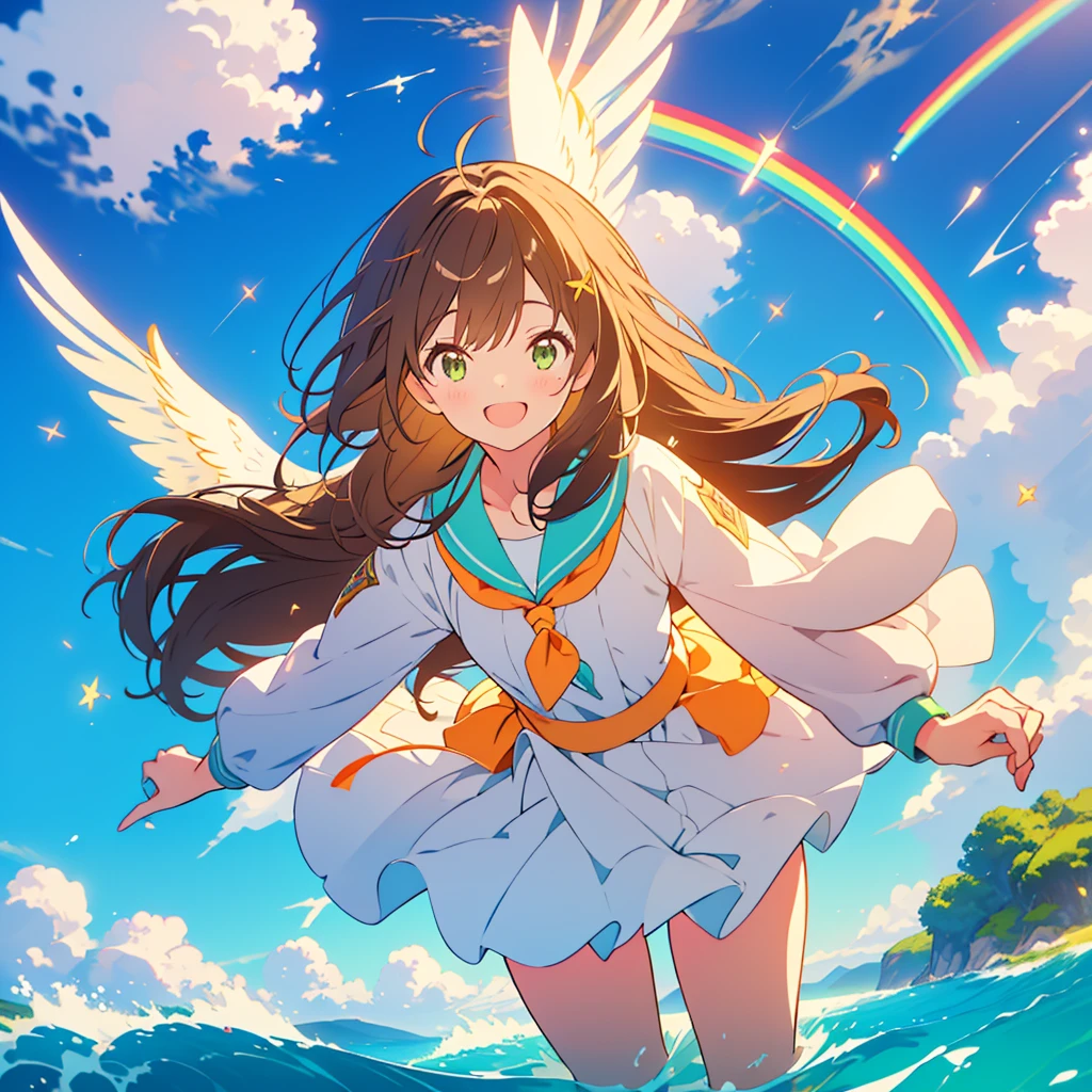 kawaii, anime, Cute, hyper quality, highly detailed, 8k, Front facing, Clarity, brown long hair, green eyes, smile, whole body, heaven, Rainbow colored wings on the back, particles of light, sky background, flapping its wings, Pose with movement, Fantastic, heaven, fantasy, water, Clearly depict facial expressions, fly into the sky, Richly colored, above the sky, Heaven, above the clouds, Composition overlooking the ground, look up at the sky, island country, sparkling sea, sparkling light, dancing in the air, fly off the ground, far away from the ground, jump, girl has golden eyes, highlight on eyes, drawing two sisters, 	