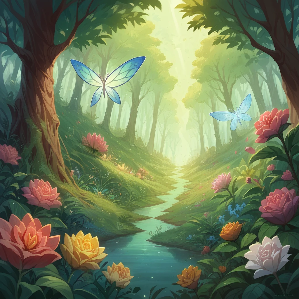A night landscape of a beautiful, dense enchanted forest, many fairy houses, fireflies, beautiful flowers with beautiful colors, full color, High contrast, ultra realistic details, ultra detailed, intricate details, copious forest, Masterpiece