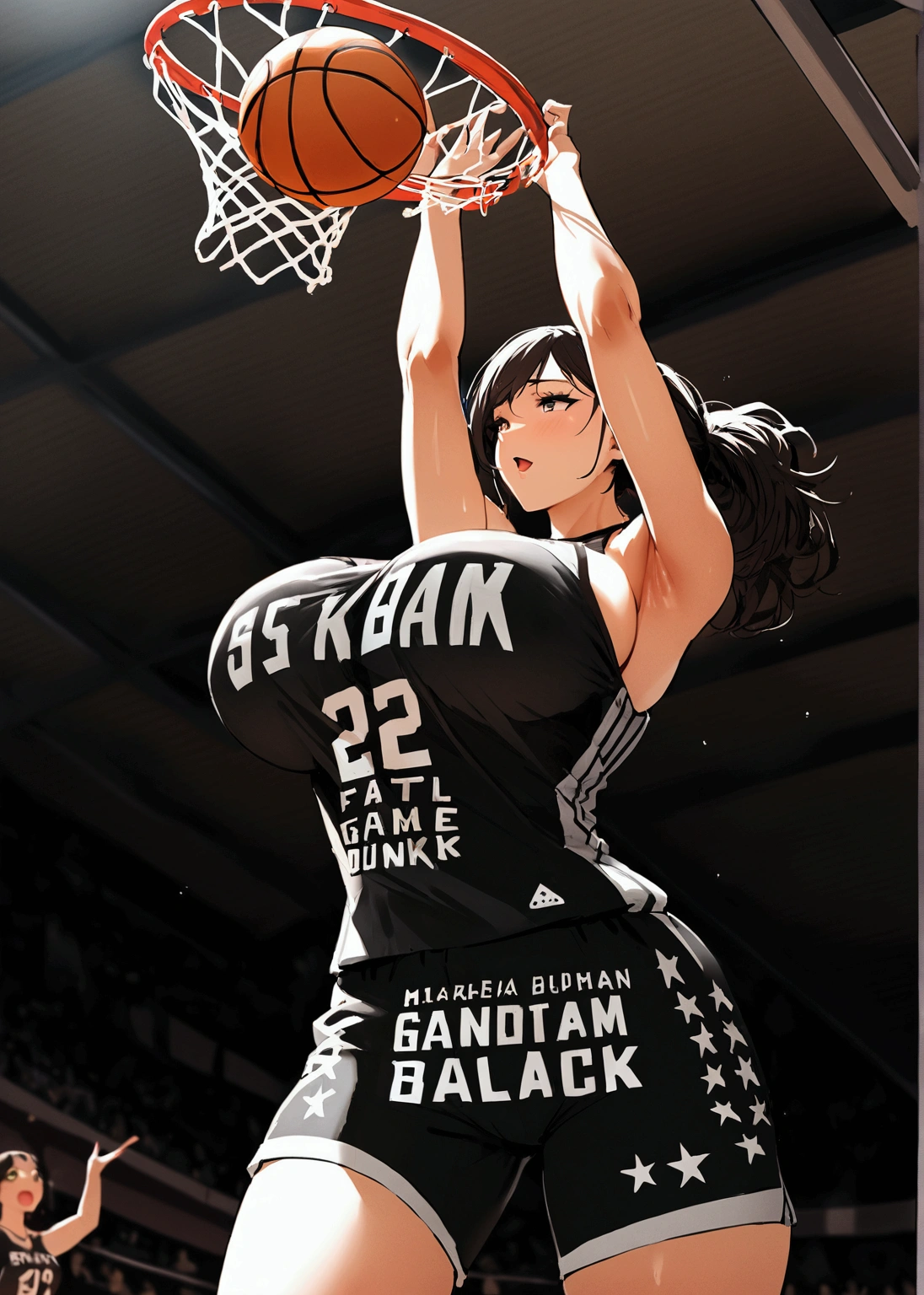 the moment of Game-Winning Dunk by beautiful busty female basketball player, full body shot, huge breasts