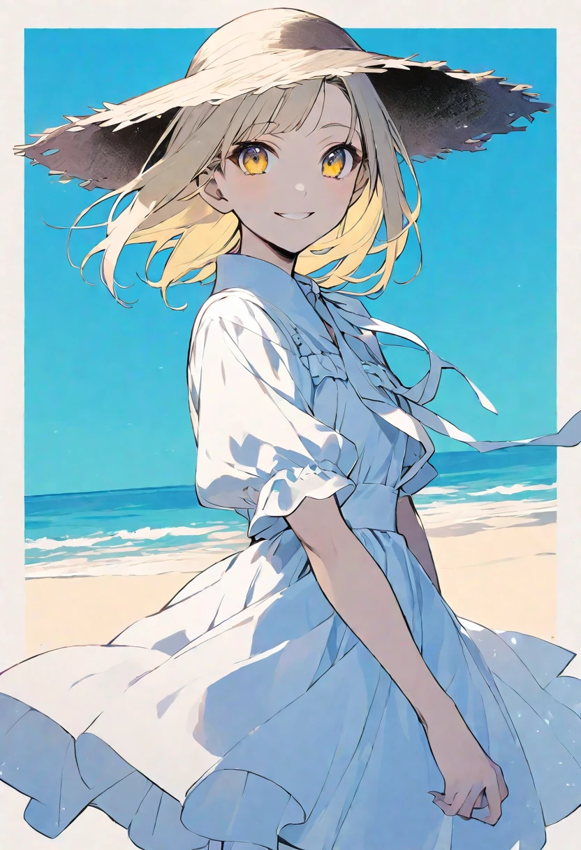 solo,handsome, monotone,
1. Female,
,Straight Hair,short Hair,, blonde hair,
Kazuka Nakano ,
yellow eyes,Soft look,beautiful,beautiful,ta,Darkness,
smile,skin, Blue sky,
White casual dress, straw hat,
simple background ,
beach background,