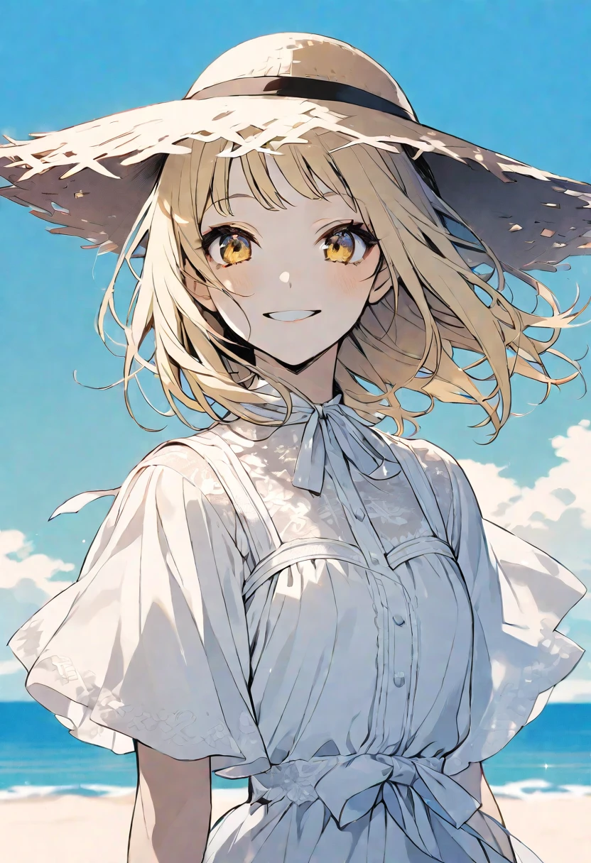 solo,handsome, monotone,
1. Female,
,Straight Hair,short Hair,, blonde hair,
Kazuka Nakano ,
yellow eyes,Soft look,beautiful,beautiful,ta,Darkness,
smile,skin, Blue sky,
White casual dress, straw hat,
simple background ,
beach background,