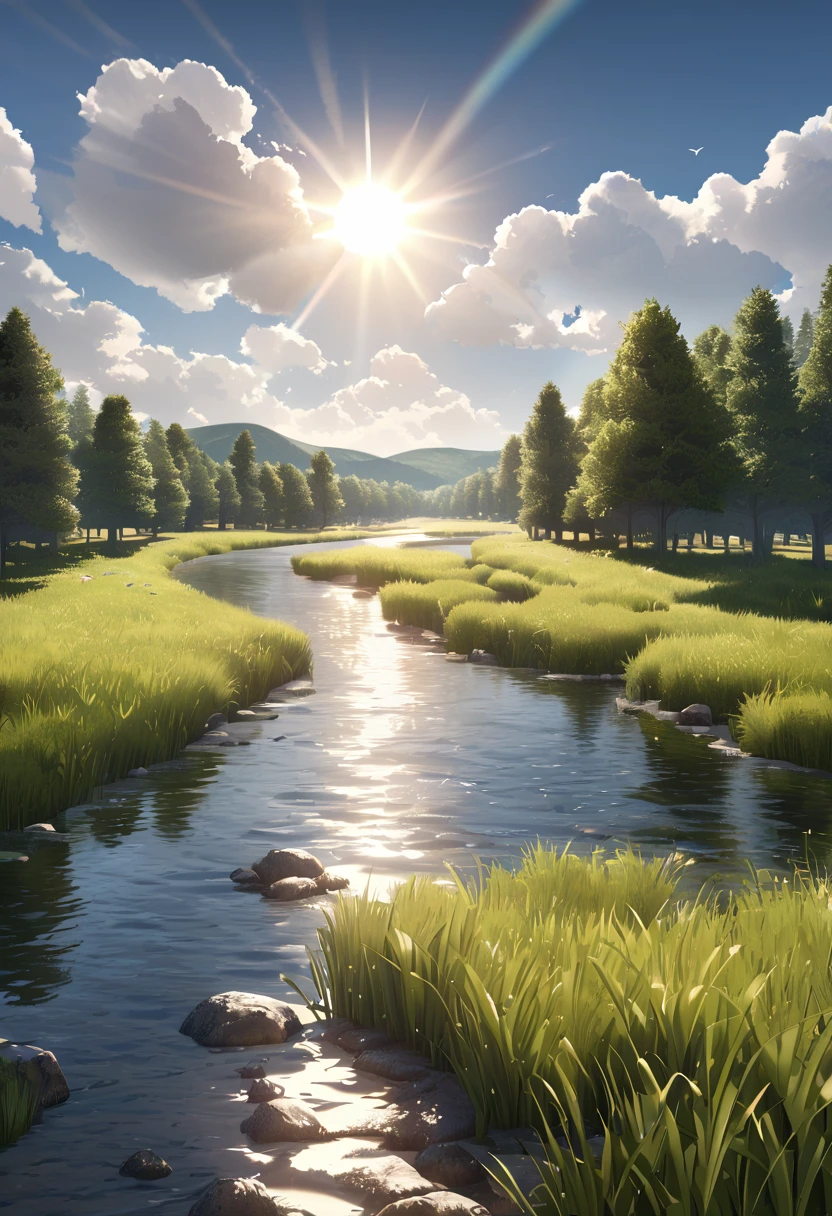 background painting, summer countryside, grass and trees, waterway, summer sky and approaching clouds, clear contrast of sun and shadow, ray tracing in this animated landscape is truly detailed and beautiful. (High Definition: 1.5)((Realistic))