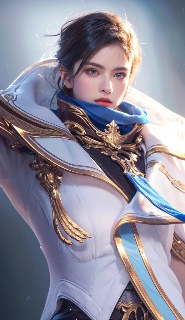 a close up portrait of a man with a sword and a blue scarf, delicate androgynous features, dramatic dramatic lighting, high detailed face, porcelain skin, piercing eyes, lush long hair, extravagant royal costume, dramatic pose, intricate ornate details, ornate gold accents, oil painting, digital art, cinematic composition, rich color palette, chiaroscuro lighting, dramatic shadows, moody atmosphere, masterpiece, photorealistic, 8k, (best quality,4k,8k,highres,masterpiece:1.2),ultra-detailed,(realistic,photorealistic,photo-realistic:1.37)