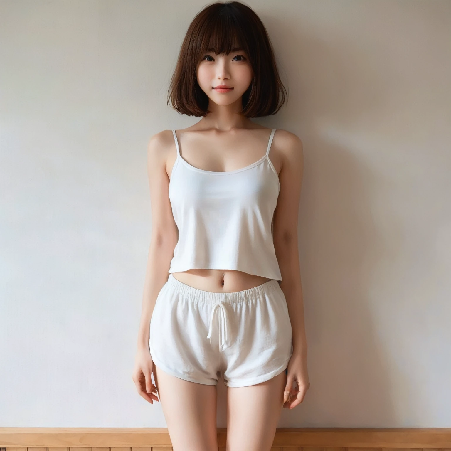 japanese 2girl, lying on the bed, (wearing a white tank-top and simple cotton shorts:2),(photoshoot style, shooting from front, upper knee statue, body facing forward), 26 years old, (toned body type:1.2, tall height 5.35 feet), (small breast :1.2, hemispherical udder silhouette:1.2), little smiling, perorbital swelling, brown fluffy and wavy short-cut hair, natural bangs, detailed brown eyes, detailed finger, suppin, no make, (photorealsitic:1.4), (high-resolution details of human skin texture:1.2, rough skin:1.2, Uneven skin tone:1.6, skin texture must be natural:1.1), top-quality, masterpiece, high resolution, raw photo, natural soft light, professional lighting