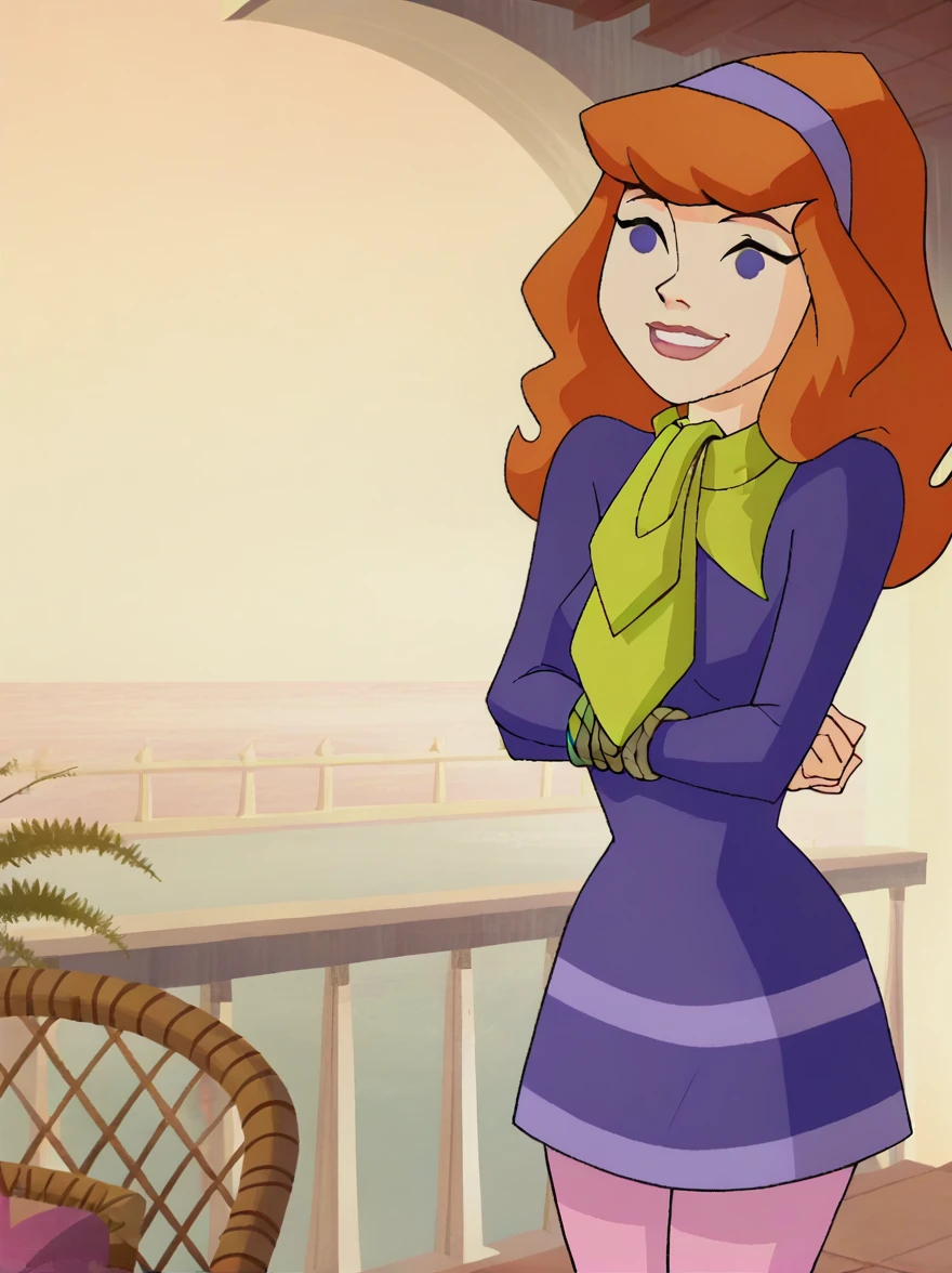 Daphneb, One girl, alone, Long Hair, hair band, Orange Hair, Purple Dress, Purple eyes, Green scarf, smile, Pink hose, Cowboy Shot, superiorper body, Tied rope,gag, score_9, score_8_superior, score_7_superior, score_6_superior, score_5_superior, score_4_superior