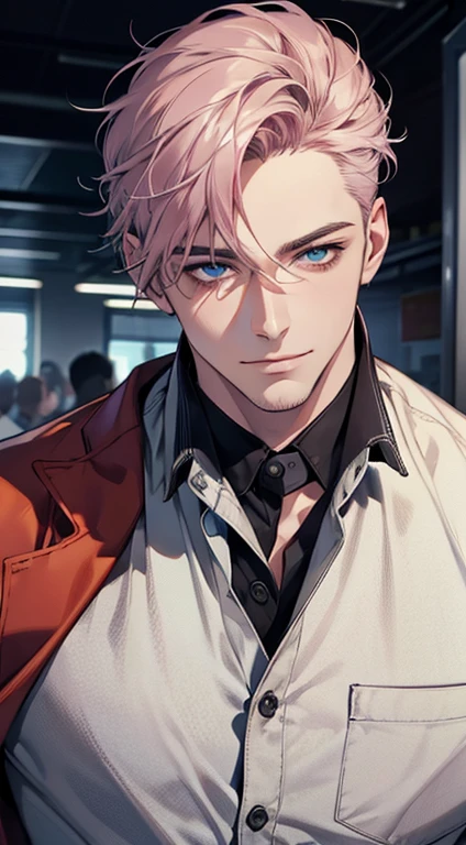 (best quality,4k,8k,highres,masterpiece:1.2),ultra-detailed,(realistic,photorealistic,photo-realistic:1.37),1 man,31 years old,mature man,very handsome,without expression,smile,short grey pink hair,blue eyes,penetrating gaze,perfect face without errors,imposing posture,businessman,office background,cinematic lighting,hdr image