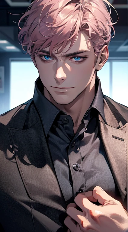 (best quality,4k,8k,highres,masterpiece:1.2),ultra-detailed,(realistic,photorealistic,photo-realistic:1.37),1 man,31 years old,mature man,very handsome,without expression,smile,short grey pink hair,blue eyes,penetrating gaze,perfect face without errors,imposing posture,businessman,office background,cinematic lighting,hdr image