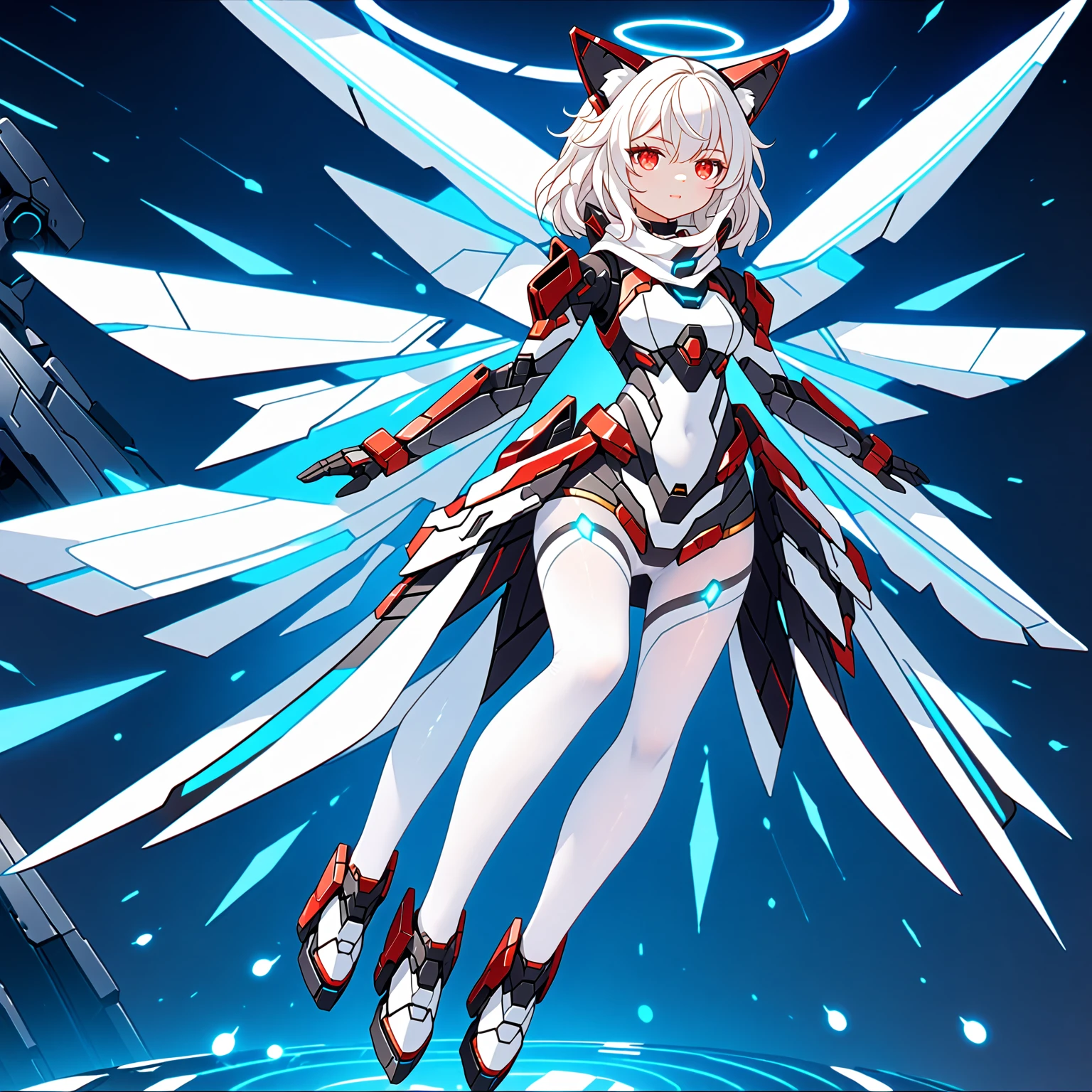 masterpiece, highest quality, highest resolution, clear_image, detailed details, white hair, long hair, 1 girl, normal cat ears, red eyes, futuristic wings, futuristic halo, white sci-fi mecha dress, white scarf with blow glow, white pantyhose, full body, no water marks, city, no extra limps, no extra body