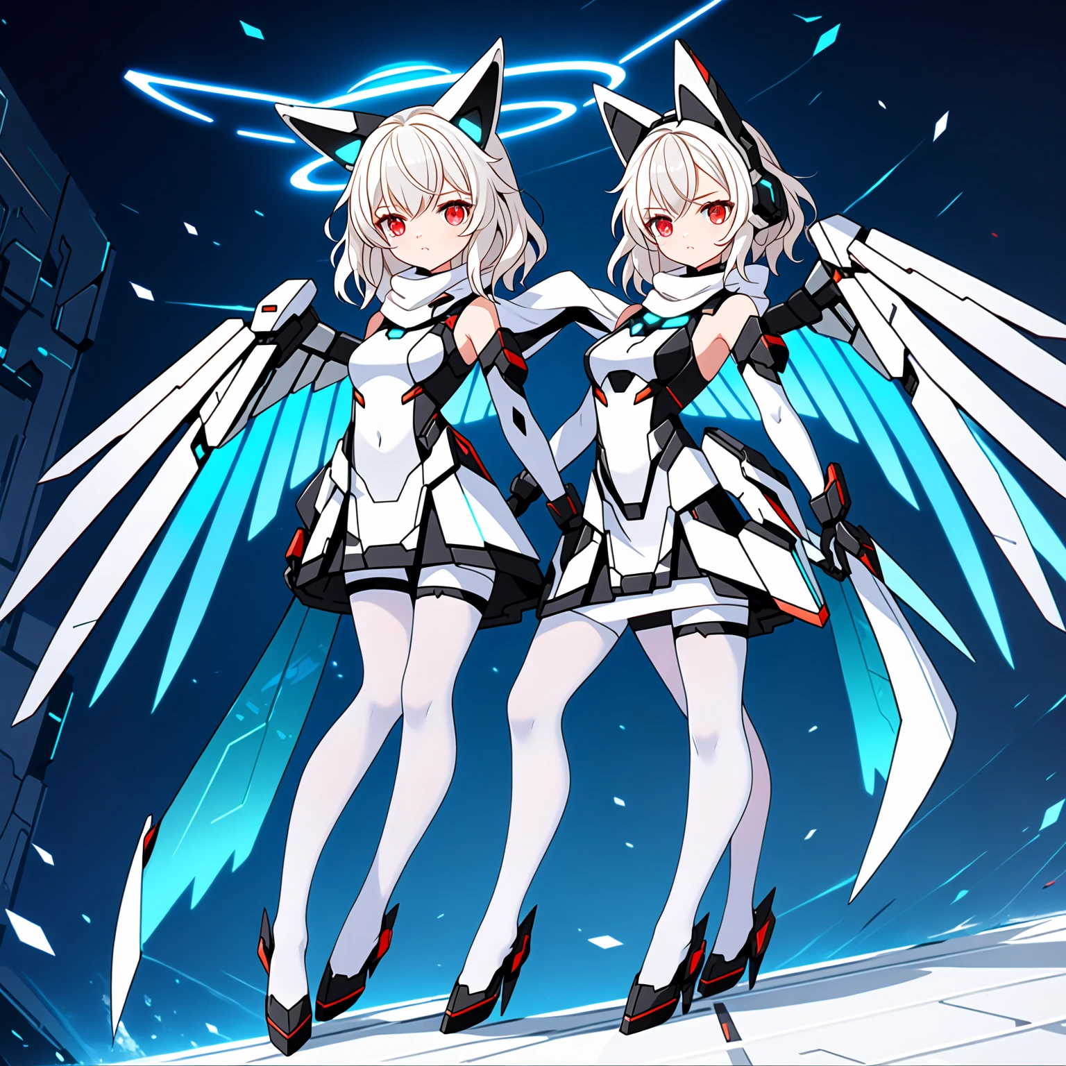 masterpiece, highest quality, highest resolution, clear_image, detailed details, white hair, long hair, 1 girl, normal cat ears, red eyes, futuristic wings, futuristic halo, white sci-fi mecha dress, white scarf with blow glow, white pantyhose, full body, no water marks, city, no extra limps, no extra body