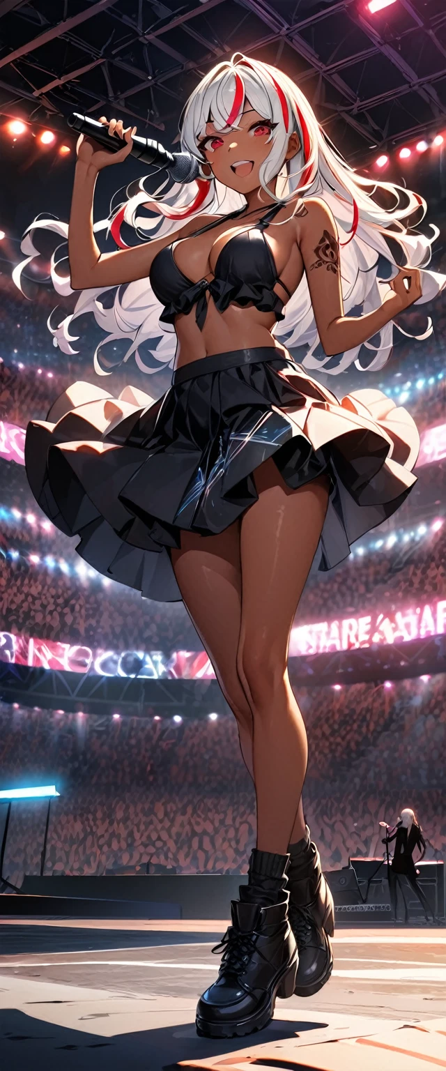 (highest quality:1.2, Very detailed, up to date, Vibrant, Ultra-high resolution, High Contrast, masterpiece:1.2, highest quality, Best aesthetics), Portraiture、girl、singer、stage、performance、Rock Music、Bright colors、Beautiful fine details、Beautiful lip detail、midium wave hair、red and white ((streaked hair:1.6)), highlights hair: 1.5, red eyes, slim body, middium breast, (tan skin:1.1), Music band、Cheerful pose、Concert Light、Edgy Style、Skirt-style-bikini、loose fit, Dynamic Movement、hypnotic sounds、Stadium、amplifier、Loud music、shouting into the microphone, vocal, jumping:1, left hand up, (right hand holding mike stand:1.5), (Floral Fineline tattoo design on left arm:1), ((mike stand)), Powerful vocals、Passionate performance、Sparkling stage、Concert atmosphere、Music Festival、Full of emotion、Rock star attitude、Resolute expression、Avid Fan、The presence of an attractive stage、 Expressive gestures、Rock star aura、An exciting atmosphere、Sing with all your heart、An unforgettable show, ((full body:1.5)),
