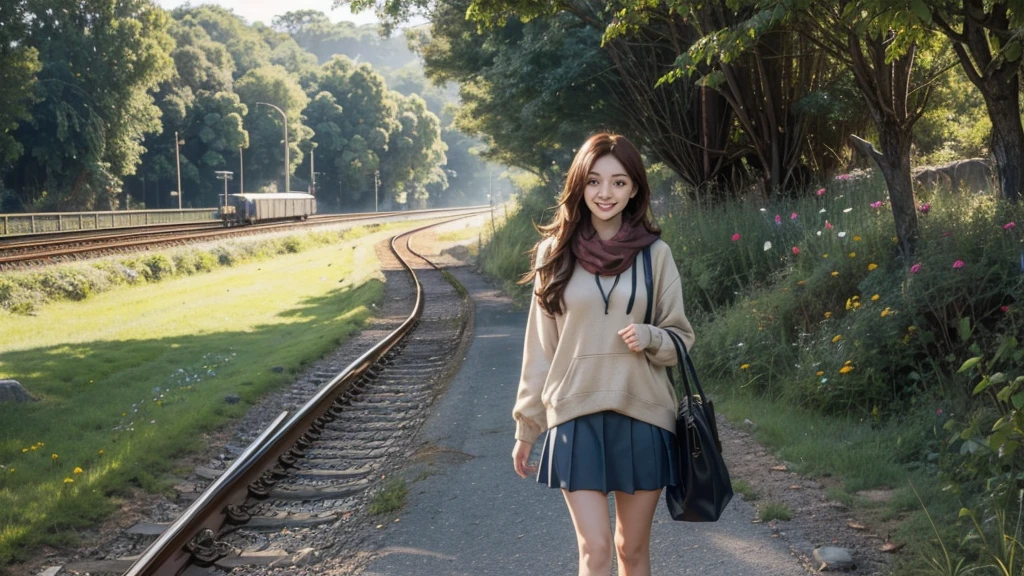 Anime-style illustration featuring a young woman walking along a railway track. She has long, flowing brown hair with a red hair clip, and is smiling with a cheerful expression. Her skin is fair, and she is dressed in a blue hoodie, a beige scarf, a brown pleated skirt, black tights, and brown ankle boots. She carries a large brown tote bag in her right hand and wears a pair of headphones over her ears, listening to music or a podcast. The background includes a clear blue sky with scattered clouds, utility poles, and green foliage, with wildflowers growing along the side of the track. The overall scene is bright and vibrant, capturing a sense of a pleasant day outdoors.