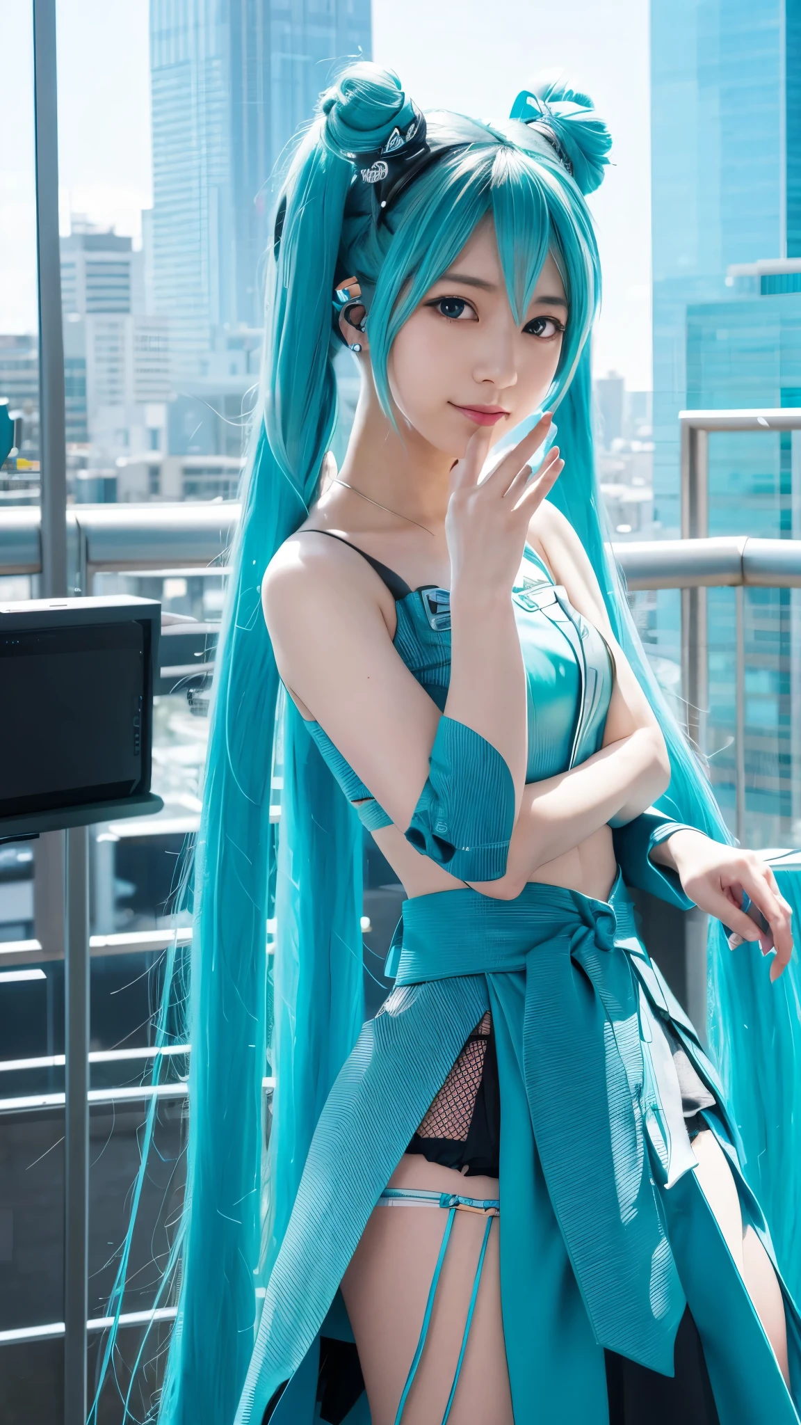 (Hatsune Miku)will perform against the backdrop of the city's nightscape.、((Highest quality、Realistic、、masterpiece:1.3))Highly detailed eyes and face, Beautifully detailed nose, Beautiful attention to detail,Highly detailed face and skin texture、Fine particles、double eyelid、(Big eyes)、looking at the camera、Moisturizing Skin、Glowing Beautiful Skin、Big Breasts、((Face Focus))、Cleavage、(profile)、(Sexy Face)、tits、Small face