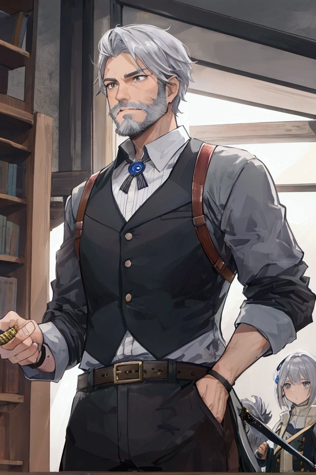 Middle-aged men、Gray Hair、Short Beard、Adventurer Appearance、Hold the Sword