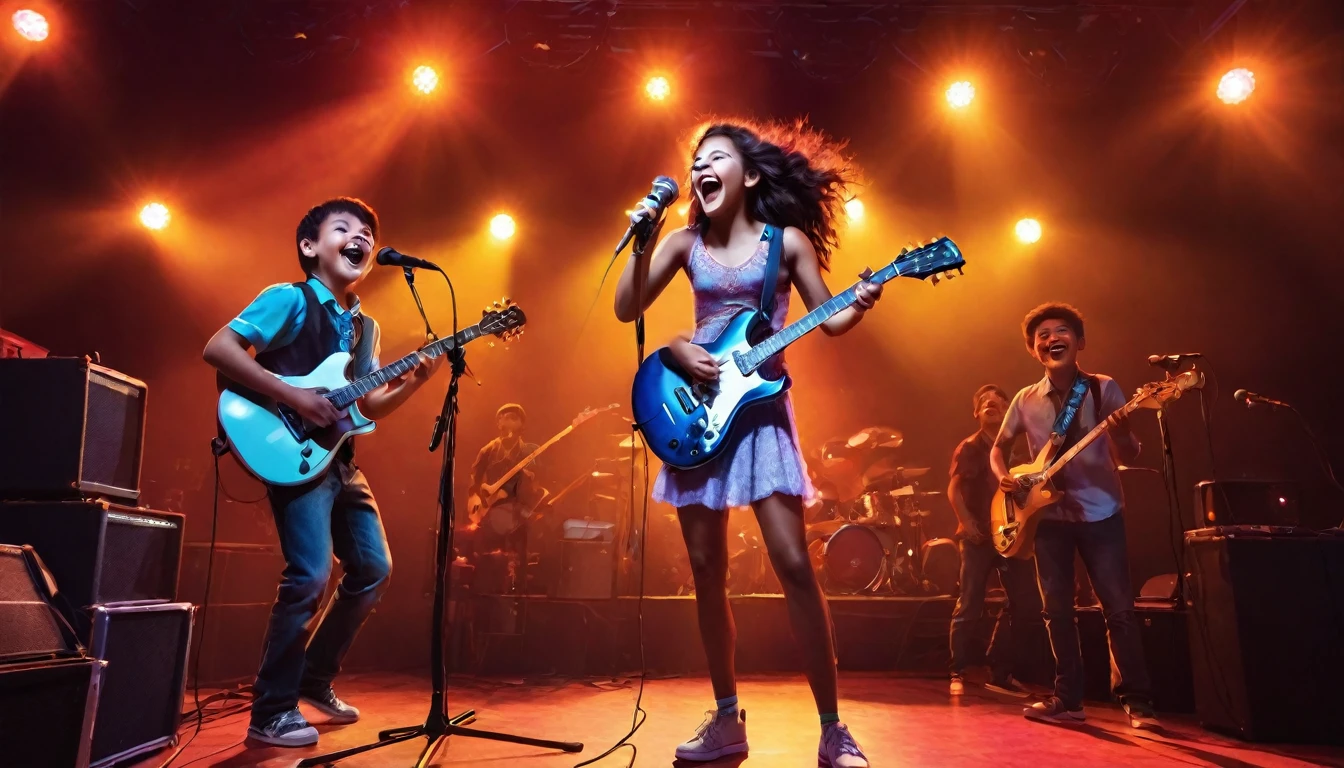 "A joyful girl holding a microphone sings enthusiastically on stage. Behind her stands a burly man playing the guitar. The scene is lively and vibrant, with stage lights casting a warm glow. The girl has a bright smile, and her eyes sparkle with excitement. The man, muscular and imposing, focuses intently on his guitar, adding to the energetic atmosphere. The background includes amplifiers and speakers, enhancing the concert feel."