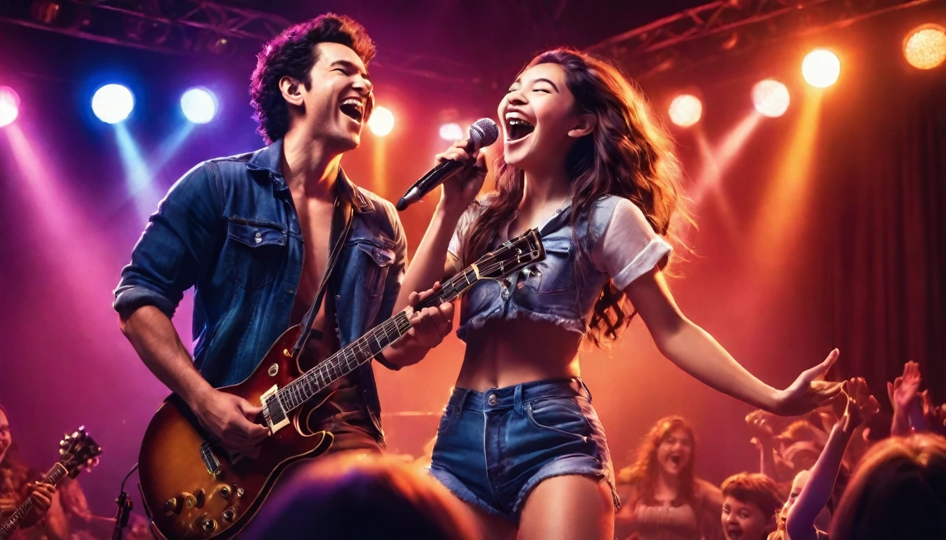 "A joyful girl holding a microphone sings enthusiastically on stage. Behind her stands a burly man playing the guitar. The scene is lively and vibrant, with stage lights casting a warm glow. The girl has a bright smile, and her eyes sparkle with excitement. The man, muscular and imposing, focuses intently on his guitar, adding to the energetic atmosphere. The background includes amplifiers and speakers, enhancing the concert feel."