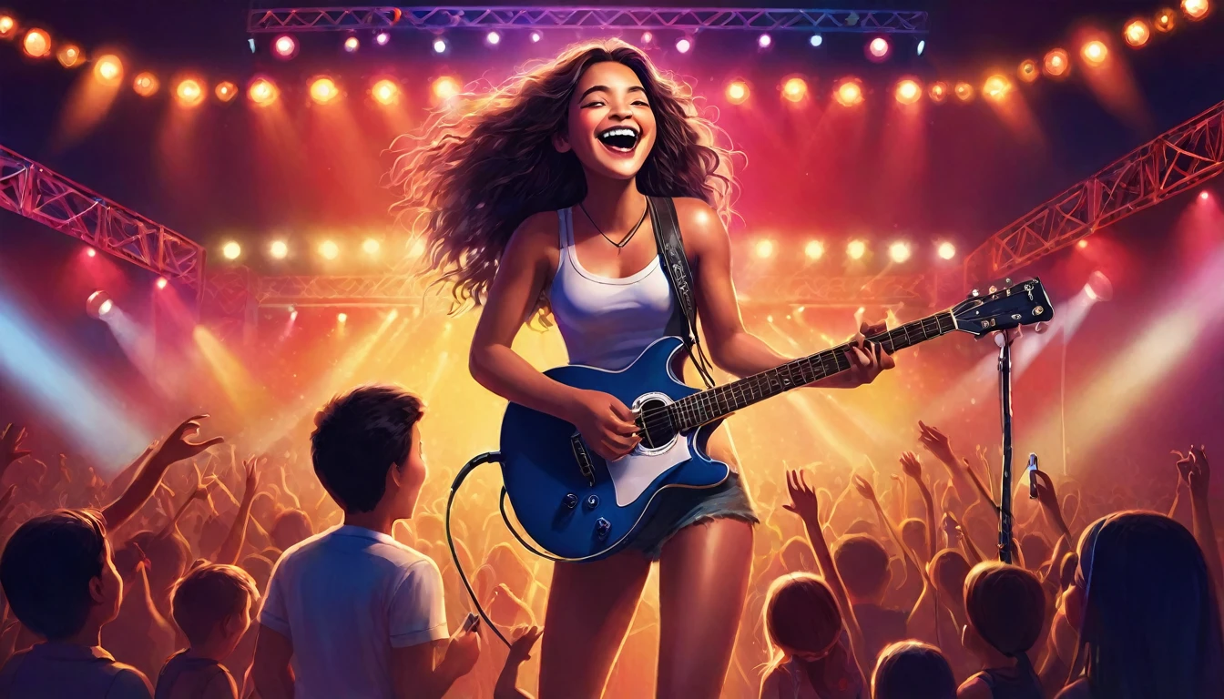 "A joyful girl holding a microphone sings enthusiastically on stage. Behind her stands a burly man playing the guitar. The scene is lively and vibrant, with stage lights casting a warm glow. The girl has a bright smile, and her eyes sparkle with excitement. The man, muscular and imposing, focuses intently on his guitar, adding to the energetic atmosphere. The background includes amplifiers and speakers, enhancing the concert feel."