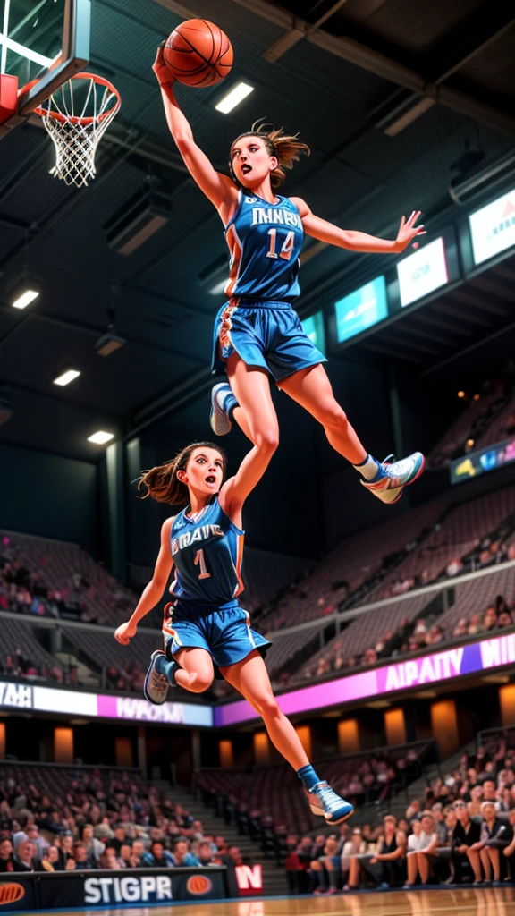 a beautiful female basketball player, performing a dunk shot, extremely detailed face and body, muscular athletic physique, focused expression, mid-air pose, basketball court background, dynamic motion blur, dramatic lighting, vibrant colors, cinematic composition, hyper realistic, award winning photograph quality