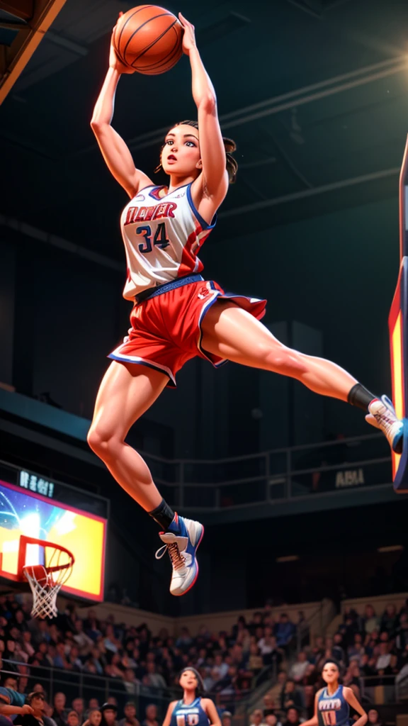 a beautiful female basketball player, performing a dunk shot, extremely detailed face and body, muscular athletic physique, focused expression, mid-air pose, basketball court background, dynamic motion blur, dramatic lighting, vibrant colors, cinematic composition, hyper realistic, award winning photograph quality