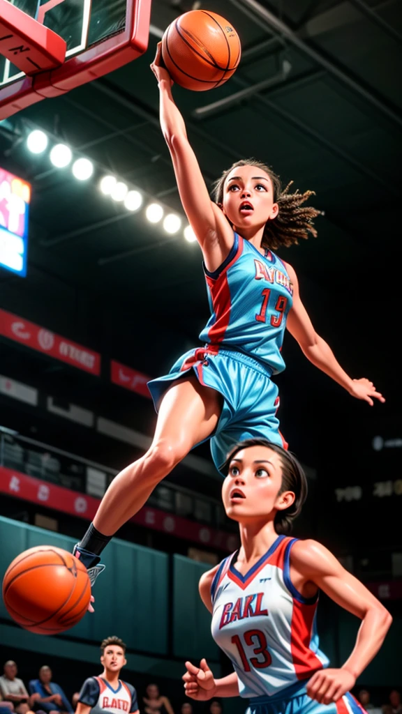 a beautiful female basketball player, performing a dunk shot, extremely detailed face and body, muscular athletic physique, focused expression, mid-air pose, basketball court background, dynamic motion blur, dramatic lighting, vibrant colors, cinematic composition, hyper realistic, award winning photograph quality