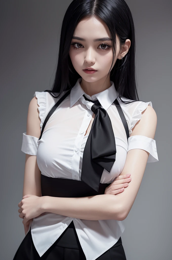 Gothic girl with black hair, with a white shirt and a black tie, with a black blouse on top and torn on the left arm, the left arm is bandaged with a white fabric