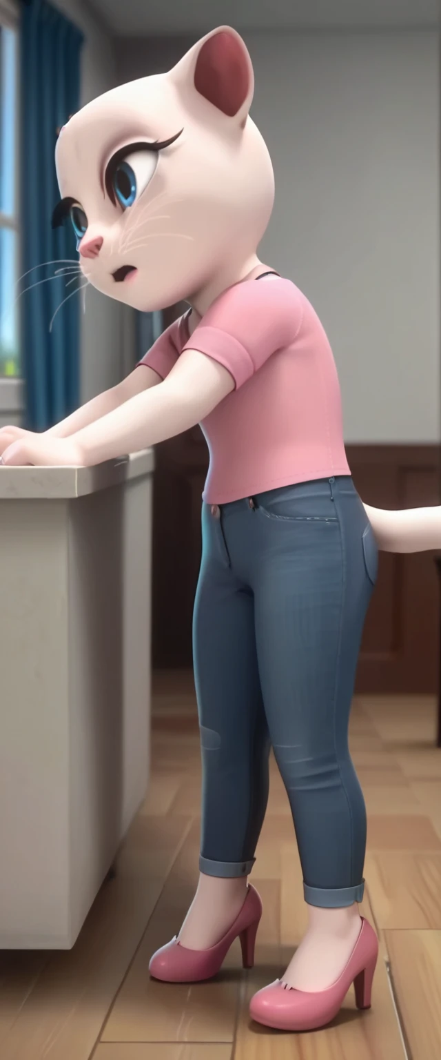 solo focus, a_la, 1girl, cat, white fur, long whiskers on both sides of the face, big bright blue eyes, big black eyelashes, pink nose, triangular ears with pink channels, high heels.short jeans pulled down.     1 girl and 1 boy human.      Side view. It occurs when the woman lies on her back and the man settles on top of her.  staring, big penis, 1 male rape, sex position.  Score_9, Score_8_up, Score_7_
