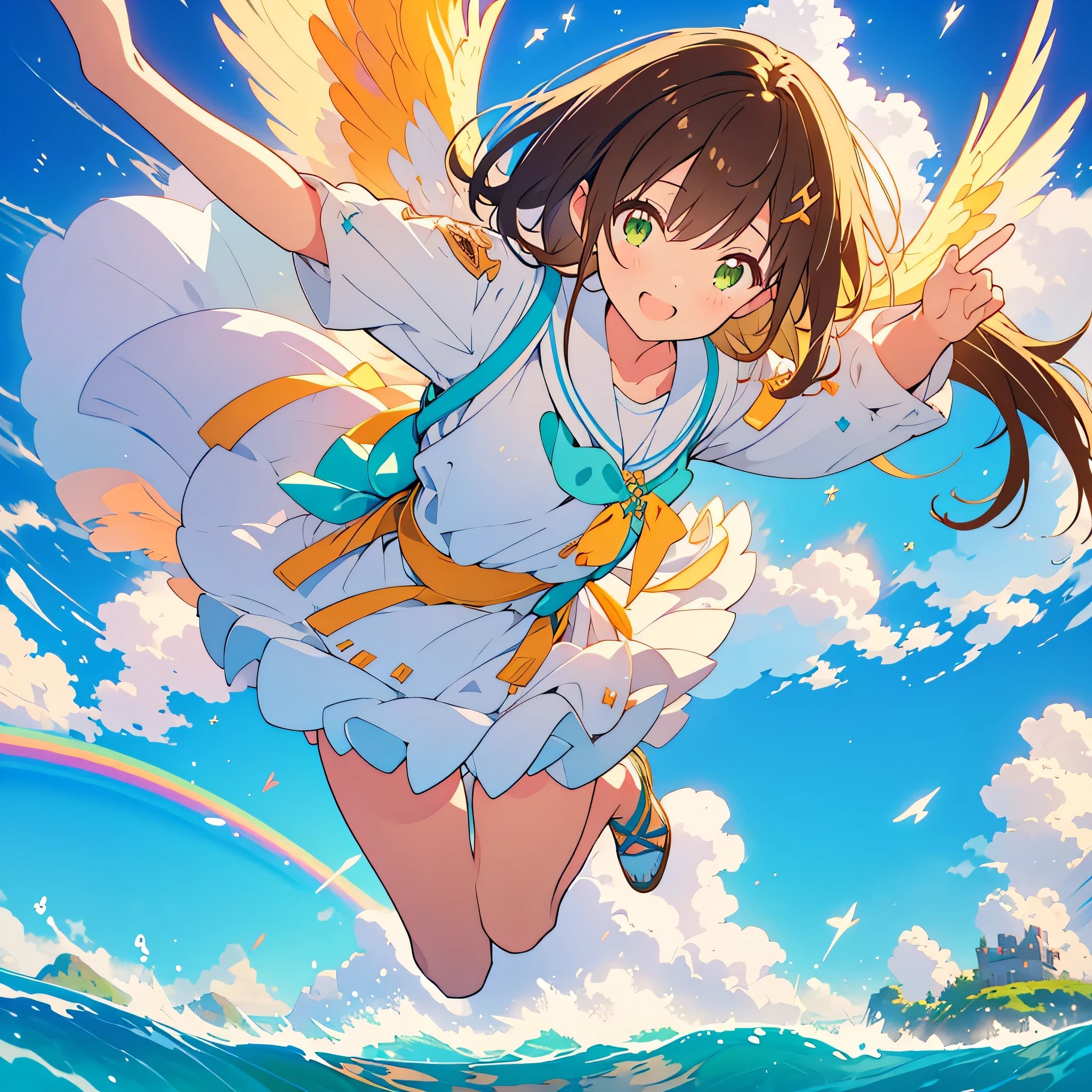 kawaii, anime, Cute, hyper quality, highly detailed, 8k, Front facing, Clarity, brown long hair, green eyes, smile, whole body, heaven, Rainbow colored wings on the back, particles of light, sky background, flapping its wings, Pose with movement, Fantastic, heaven, fantasy, water, Clearly depict facial expressions, fly into the sky, Richly colored, above the sky, Heaven, above the clouds, Composition overlooking the ground, look up at the sky, island country, sparkling sea, sparkling light, dancing in the air, fly off the ground, far away from the ground, jump, girl has golden eyes, highlight on eyes, drawing two sisters, 	