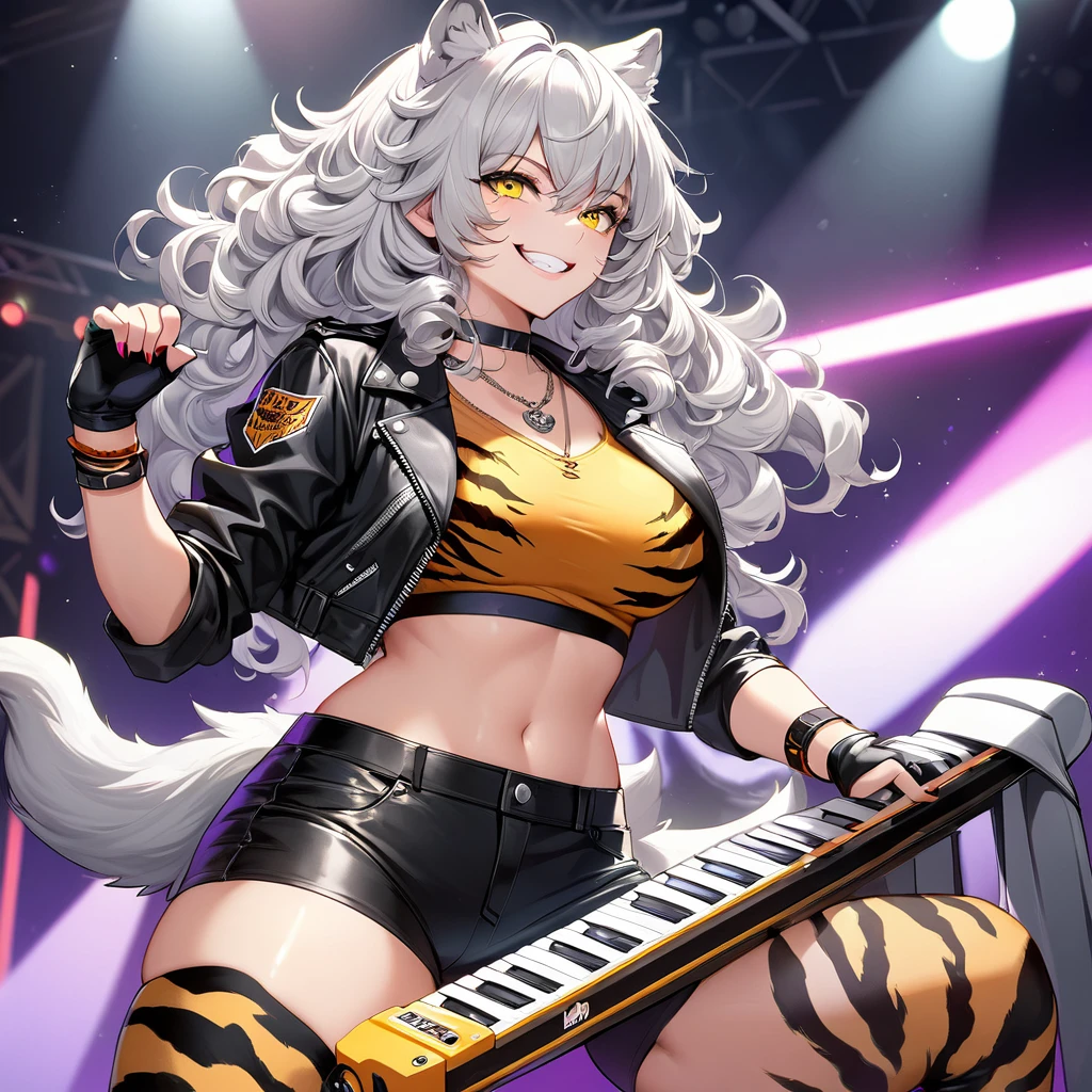 A Beautiful, Sexy Anthropomorphic Wolf. She have silver fur with light grey underbelly, silky white curly hair with green highlight, Amber Yellow Slitted eyes, with slim, curvaceous figure. She wear Black Leather Jacket over Red Crop top, black tight leather shorts, purple leg warmer with tiger stripe prints, and black heeled boots. She wear Choker Necklace, purple elbow length fingerless gloves with tiger print, and black choker wrist band. She have a feisty grin, while playing a keytar on stage. 80s style clothing.