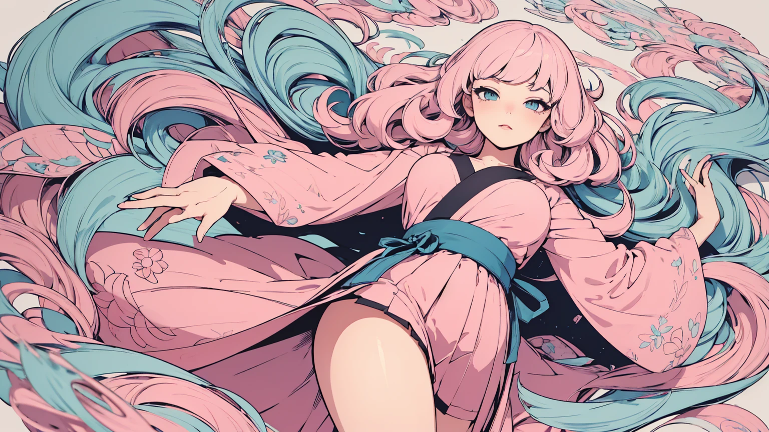 (masterpiece, best quality), beautiful woman, soft light, hakama, short skirt, (cleveage), wavy hair, asymmetrical bangs, perfect face, beautiful face, alluring, big gorgeous eyes, soft smile, perfect slim fit body, outdoors, standing, abstract background, bright colors, (risograph), medium breasts, solo, sexy