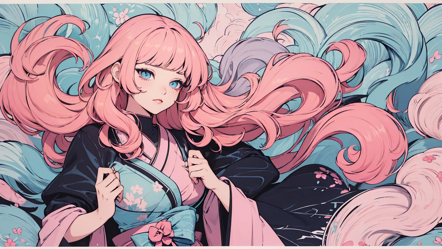 (masterpiece, best quality), beautiful woman, soft light, hakama, short skirt, (cleveage), wavy hair, asymmetrical bangs, perfect face, beautiful face, alluring, big gorgeous eyes, soft smile, perfect slim fit body, outdoors, standing, abstract background, bright colors, (risograph), medium breasts, solo, sexy