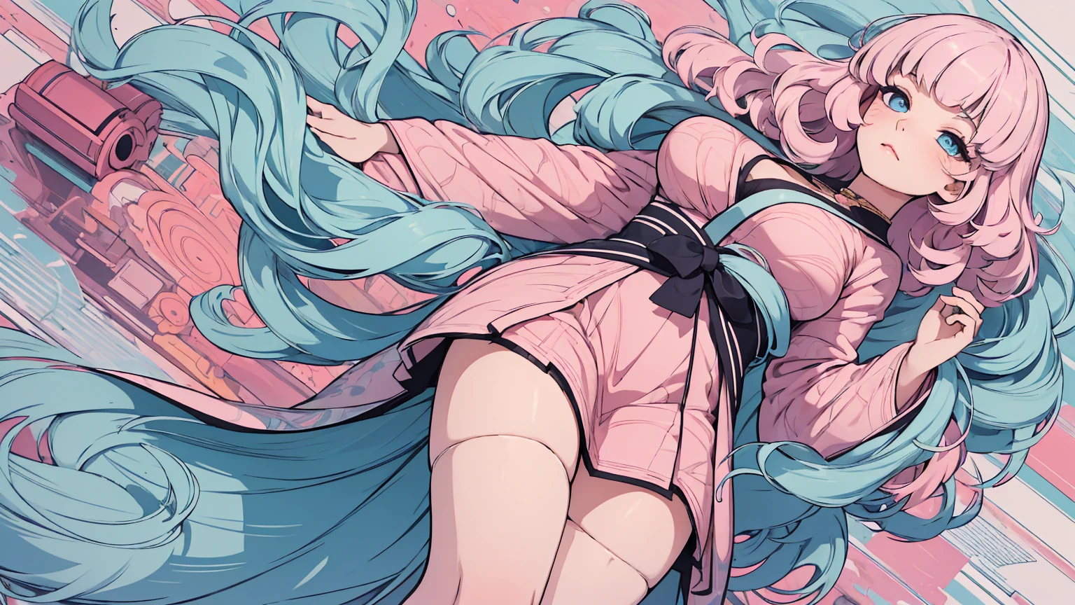 (masterpiece, best quality), beautiful woman, soft light, hakama, short skirt, (cleveage), wavy hair, asymmetrical bangs, perfect face, beautiful face, alluring, big gorgeous eyes, soft smile, perfect slim fit body, outdoors, standing, abstract background, bright colors, (risograph), medium breasts, solo, sexy