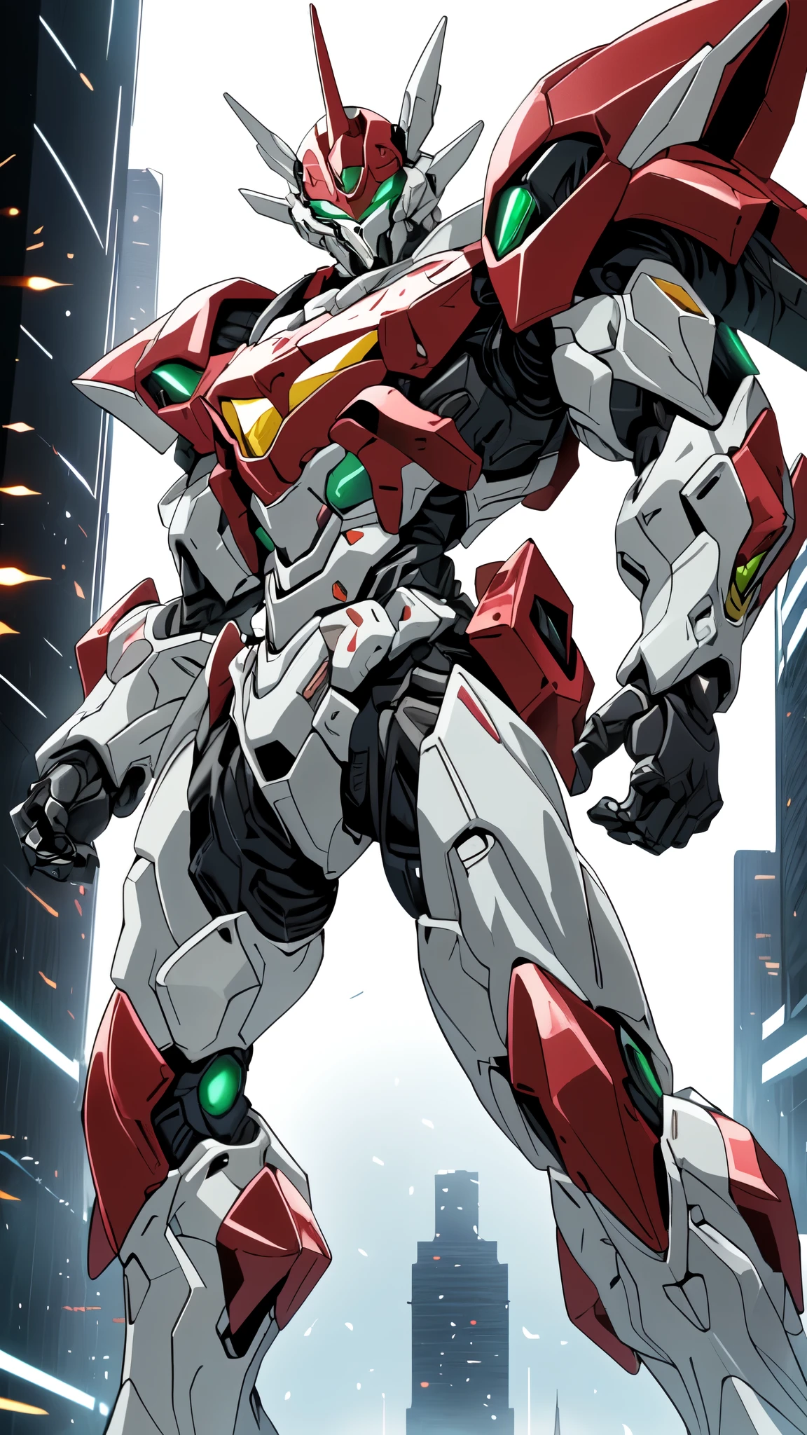 (masterpiece:1.5, best quality:1.5, extremely delicate:1.5, foreshortening:1.5, dynamic angle:1.5), a man wearing a full-face helmet, a fantasy-style biotech armored combat suit, green eyes, (a composite layered chest armor), fully enclosed shoulder guards, matching arm and leg guards, belt of Neon circuit, (the color scheme is primarily white with red green accents), the design balances heavy with agility, a high-tech bio-mecha armor, (Armor Concept Inspired by neon Cyberpunk, stand on the top of a skyscraper in a futuristic sci-fi city), this character embodies a finely crafted fantasy-surreal style armored hero in anime style, exquisite and mature manga art style, (element, plasma, energy, the armor glows), ((male:1.5)), metallic, high definition, highres, ultra-detailed, ultra-fine painting, professional, perfect body proportions, golden ratio, anatomically correct, symmetrical face, extremely detailed eyes and face, high quality eyes, creativity, RAW photo, UHD, 32k, Natural light, cinematic lighting, masterpiece-anatomy-perfect